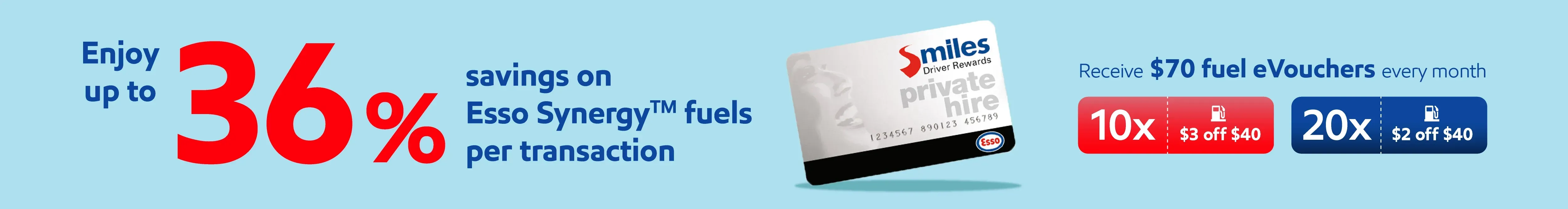 Enjoy up to 36% savings on Esso Synergy fuels per transaction with the Esso Smiles Private Hire Card. Receive $70 fuel eVouchers every month — 10x $3 off $40, 20x $2 off $40.
